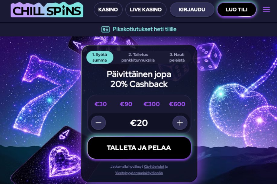 Chill Spins kasinon etusivu. Kuvassa pikakirjautumisen valikko ja "talleta ja pelaa" nappi.