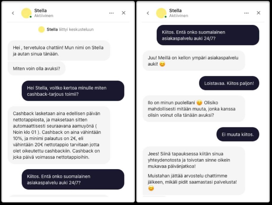 Keskustelua Chill Spins asiakaspalvelun kanssa. Keskustelu sujui soljuvasti Stellan kanssa.