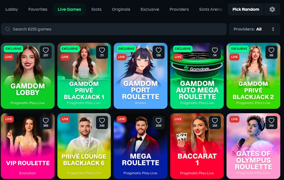 Gamdon live casino aula. Kuvassa kymmenen eri peliä livekasinolta.