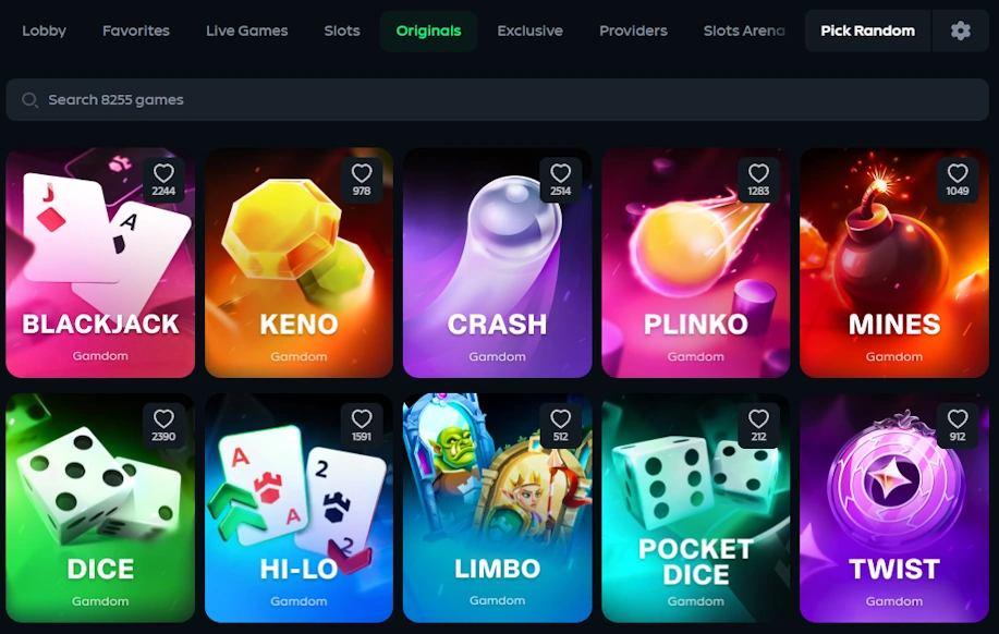 Gamdomin pikapelien valikoimaa. Kuvassa muun muuassa Keno, Crash, Plinko ja Mines.