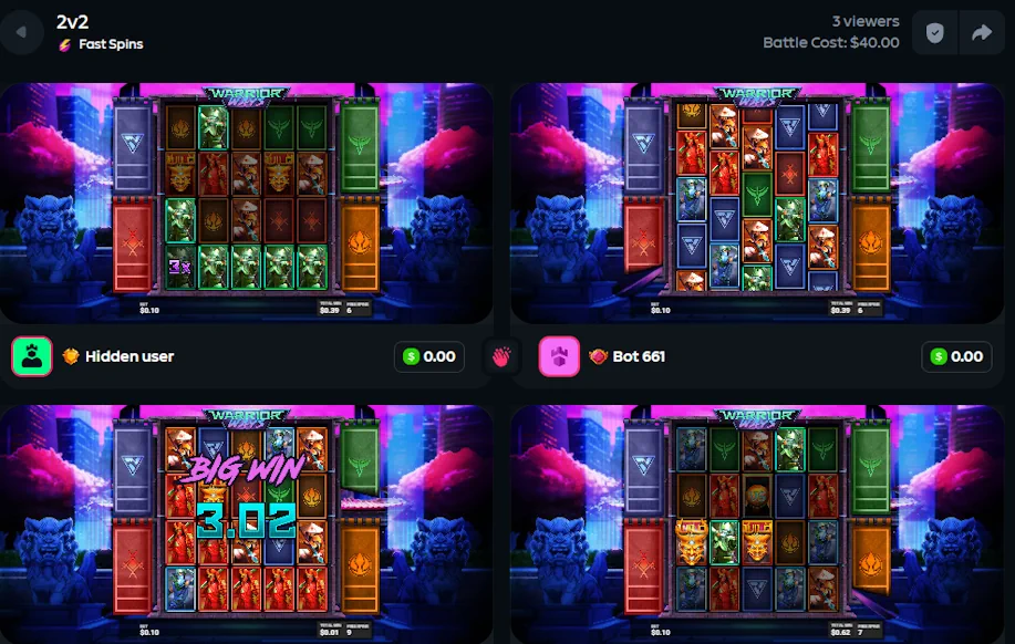 Slots Arena jossa Gamdomin pelaajat voivat pelata 1v1 tai 2v2 slottipelejä. Kierroksen suurin voittaja saa myös muiden pelaajien voitot.