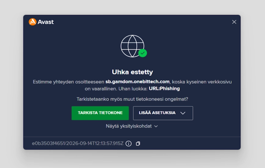 Kuva jossa Avast virustorjuntaohjelma varoittaa Gamdomin urheiluvedonlyöntisivun olevan phishing sivusto.