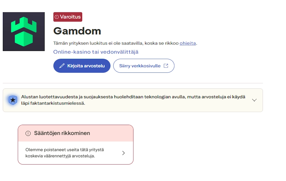 Kuvakaappaus Trustpilot-sivulta jossa kerrotaan että Gamdom on rikkonut sääntöjä ja useita brändiä koskevia arvosteluja on poistettu.