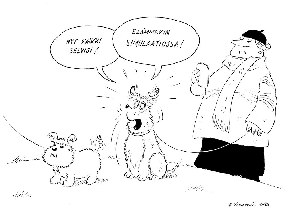 Koira herää häiriintyneen näköisenä ja sanoo "Nyt kaikki selvisi!" ja "Elämmekin simulaatiossa!".