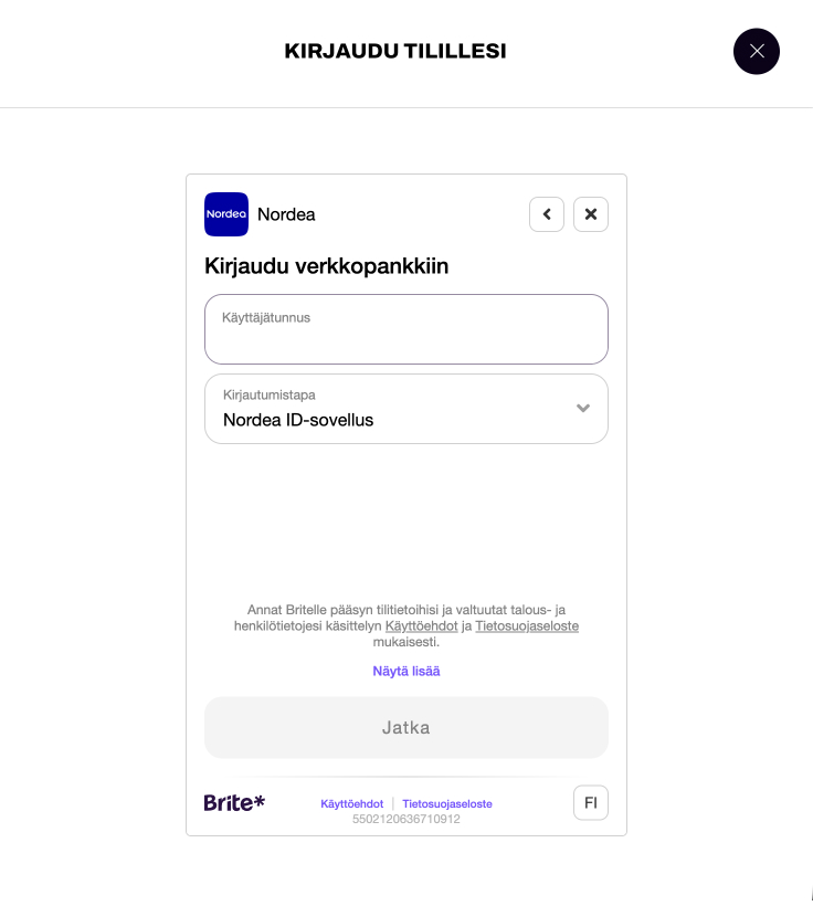Hillo Brite kasinon Nordea kirjautumisnäkymä, jossa näkyvät Nordea ID ja Brite