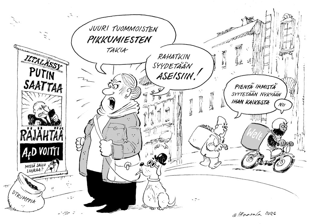Nainen lukee lehden seinämainossta missä sanotaan "Putin saattaa räjähtää" "AFD voitti" "Missä Jallu (Adolf?) luuraa?" 