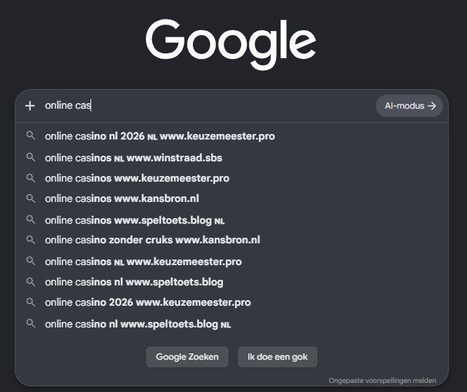 Google haussa tulee outoja auto-fill juttuja "online cas" käyttäjä kirjoituksen jälkeen, kuten "online caisnos www.kansbron.nl".