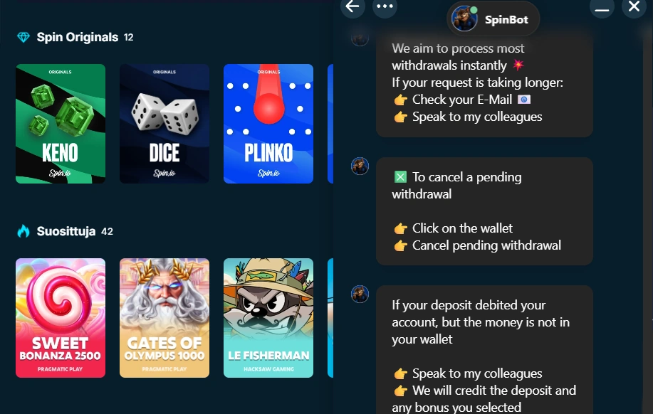 Spin.io asiakaspalvelu botti.