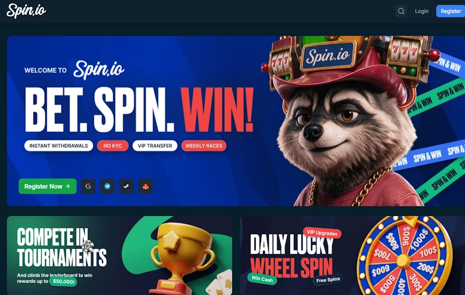 Spin.io kasinon etusivulla on vastassa pesukarhu maskotti.
