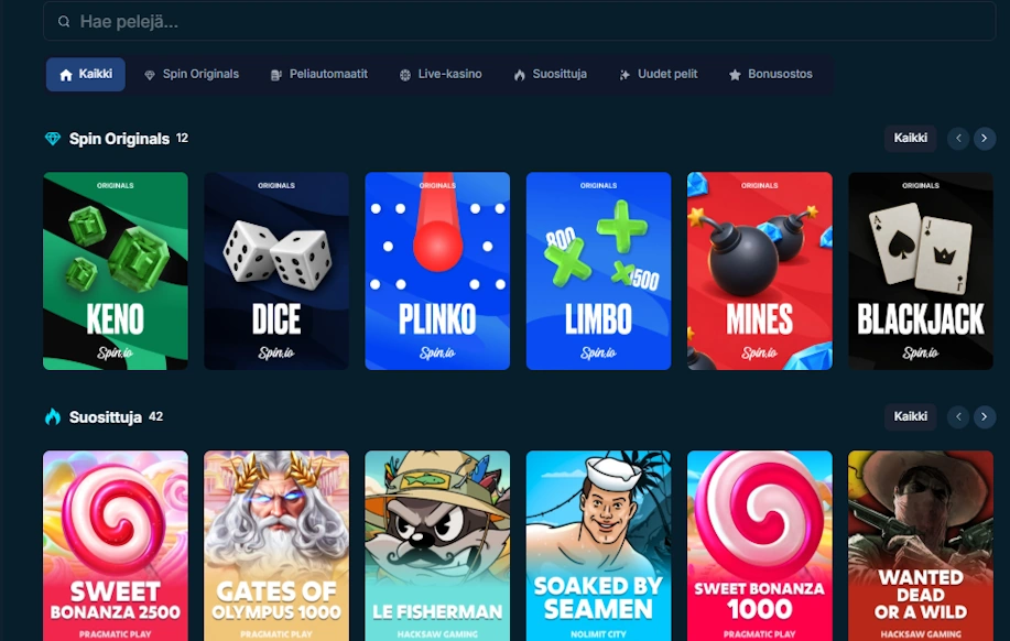 Spin.io kasinon orginals pelejä sekä suosituimpia kasinopelejä kuvattuna.