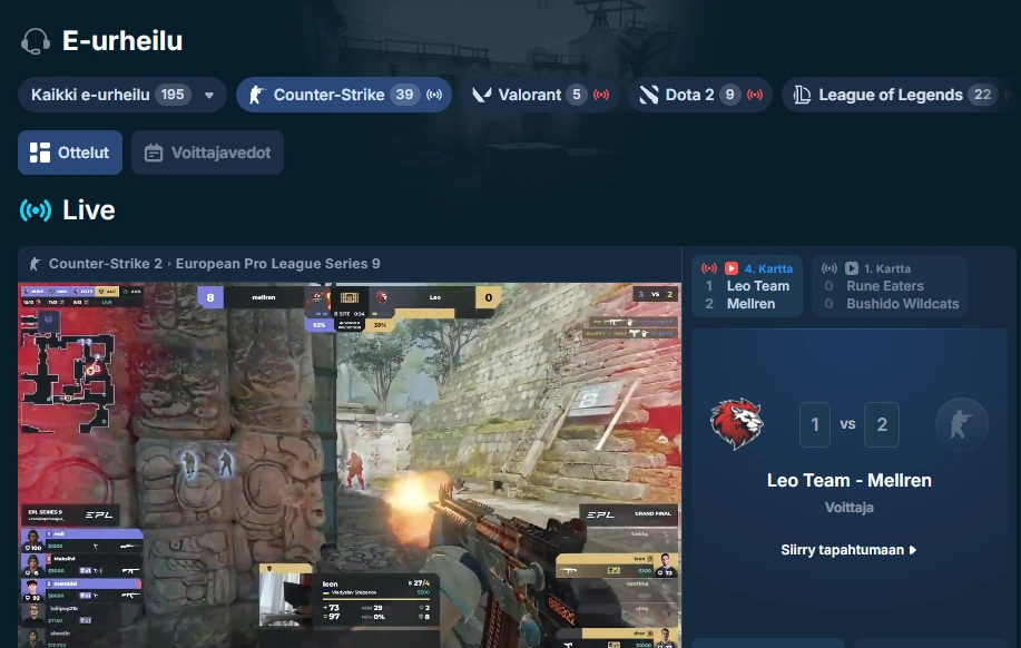 Kuvakaappaus Spin.io vedonlyöntiosiosta jossa live stream CS-ottelusta.