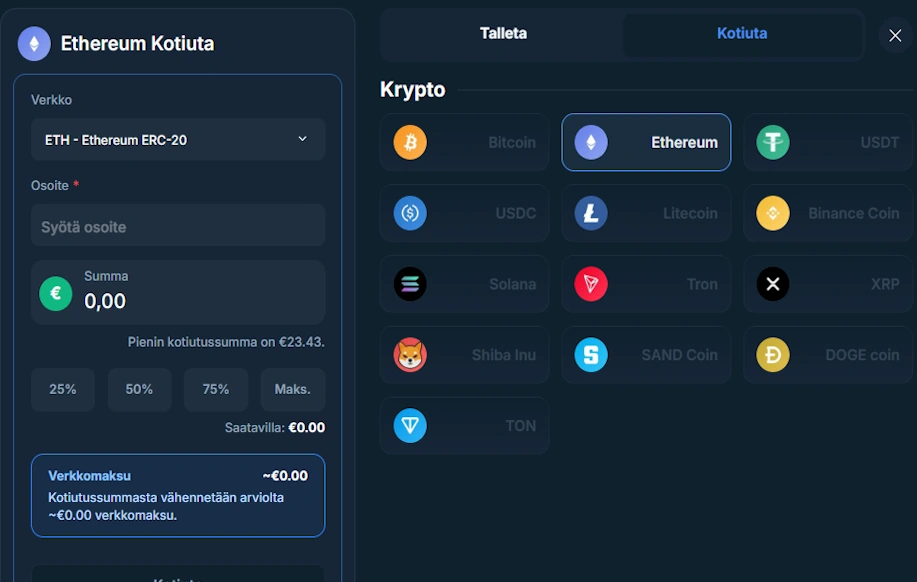 Kotiutusnäkymä. Ethereum kotiutuksen minimisumma 23,43 €.
