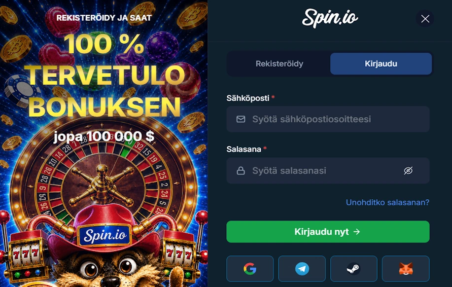 Kirjautumisikkuna Spin.io kasinolle. Voit käyttää esimerkiksi Gmail-tiliä.