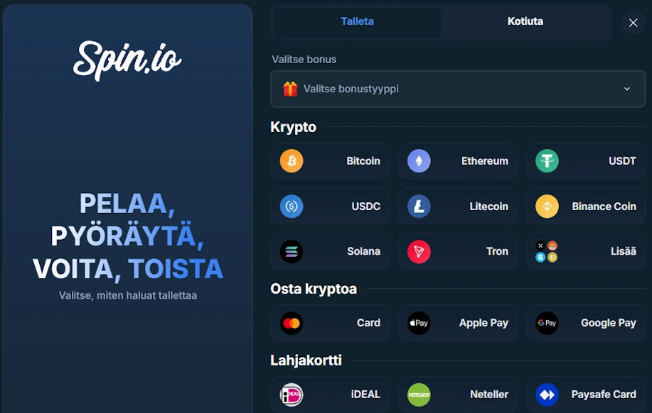 Talletusnäkymä. Kuvassa tekstissä lueteltujen kryptovaluuttojen ikonit.