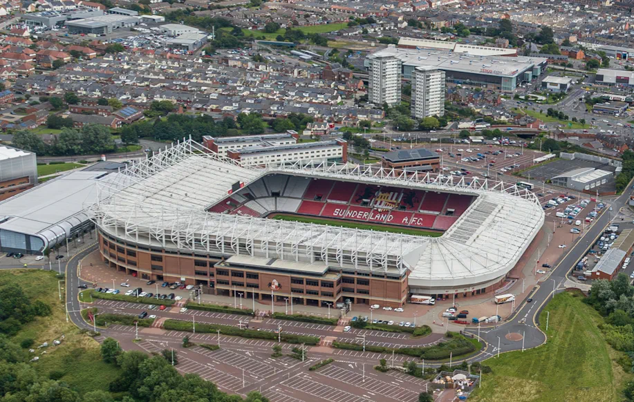 Ilmakuva Sunderland AFC:n Stadium of Light -stadionista Sunderlandissa.
