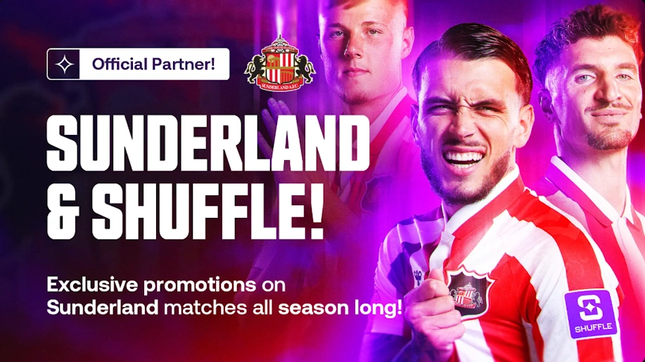 Sunderlandin pelaajia Shufflen yhteistyötä mainostavassa kuvassa, jossa näkyy myös Shufflen logo pelipaidan hihassa.