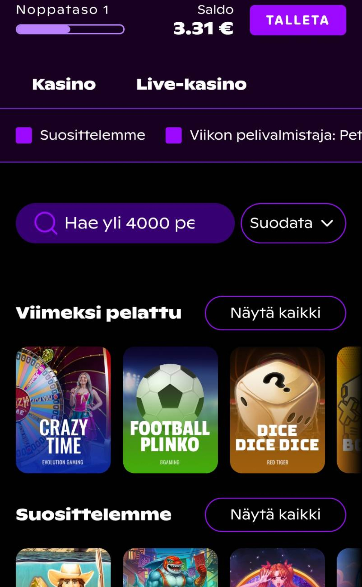 Rahapelisanomat testaaja kirjautuneena Noppa Kasinolle. Viimeksi pelattu peli Crazy time, Football Plinko ja Dice Dice Dice. Saldo 3,31 €. "Noppataso 1" palkki puolivälissä. Tumma teema.