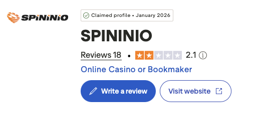 Spininio trustpilot arvosana on vain 2.1.