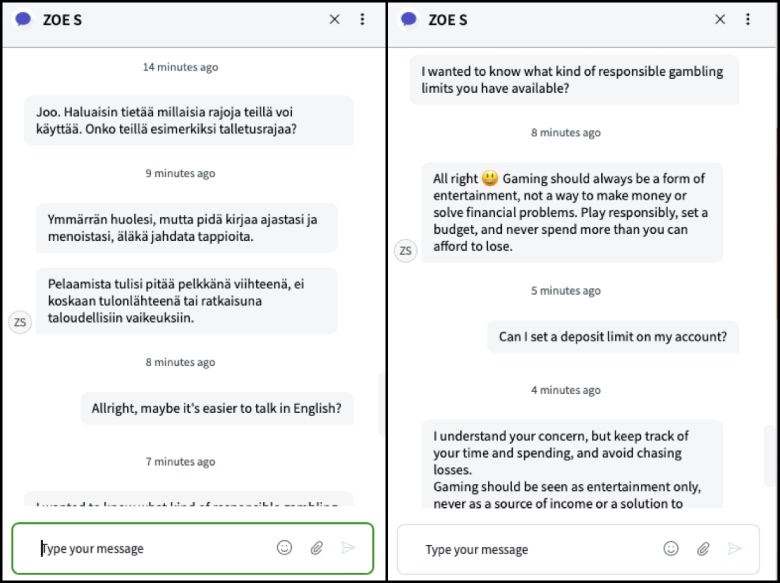 Keskustelua Spininio asiakaspalvelun kanssa. Asiakaspalvelija vaikuttaa botilta eikä oikealta ihmiseltä. 
