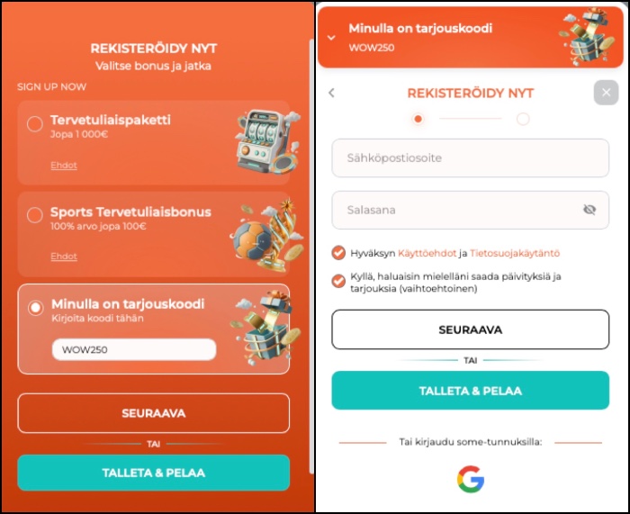 Spininio rekisteröitymisikkuna. Kuvassa bonuskoodi WOW250. 