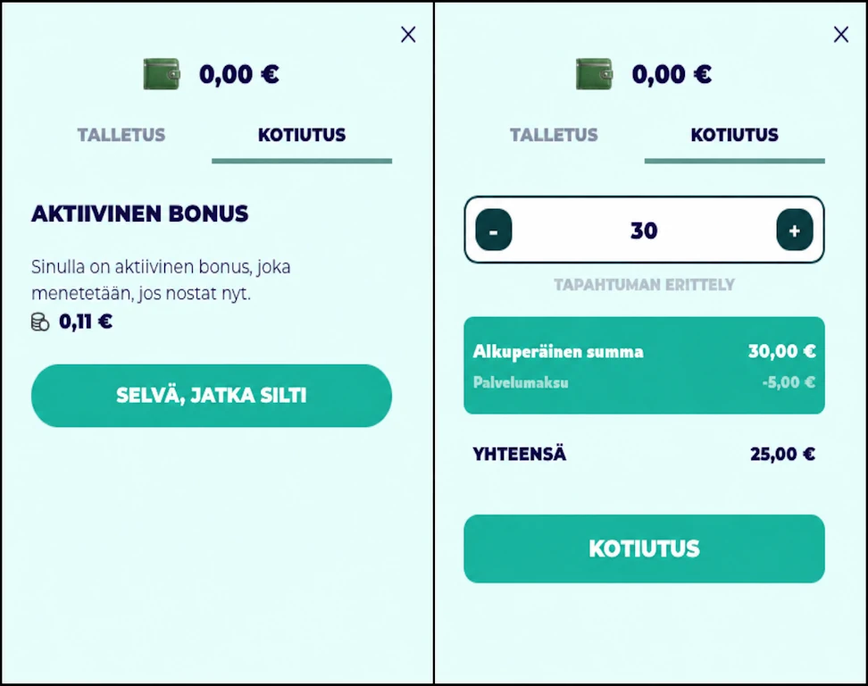 Titaani voittojen kotiutus, kuvassa näytetään viiden euron palvelumaksu.
