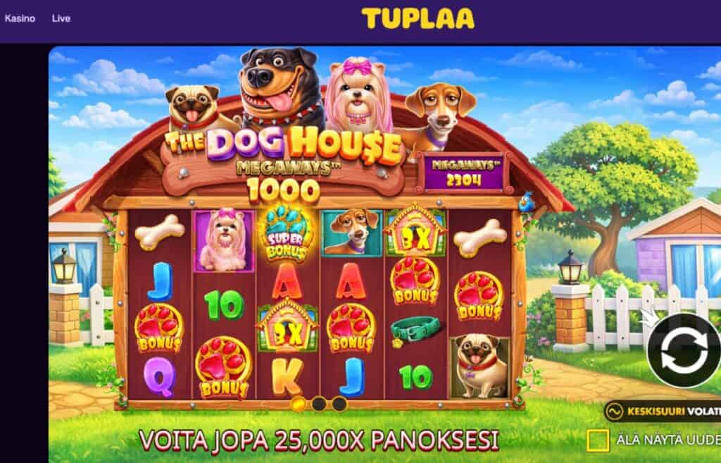 Kuvassa on rahapeli The Dog House Tuplaa kasinon sivuilla. Turvalliset rahapelit netissä Rahapelisanomat