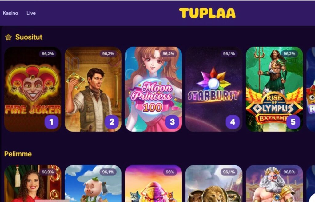 Kuvassa on uusin pikakasino Tuplaa etusivu, jossa näkyy kolikkopelejä. Uusin pikakasino Tuplaa Rahapelisanomat