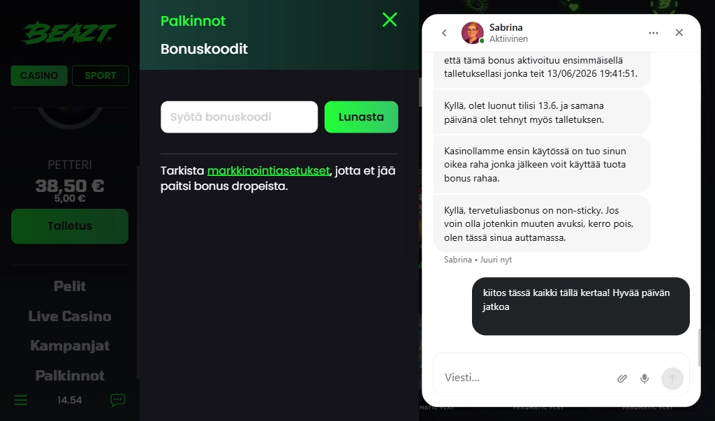 Kuvassa näkyy Beazt Casinon live-chat, jossa suomenkielinen asiakaspalvelija kertoo tervetuliaisbonuksen aktivoinnista ja non-sticky-ehdosta. Beazt Casinon asiakaspalvelu testissä Rahapelisanomat.