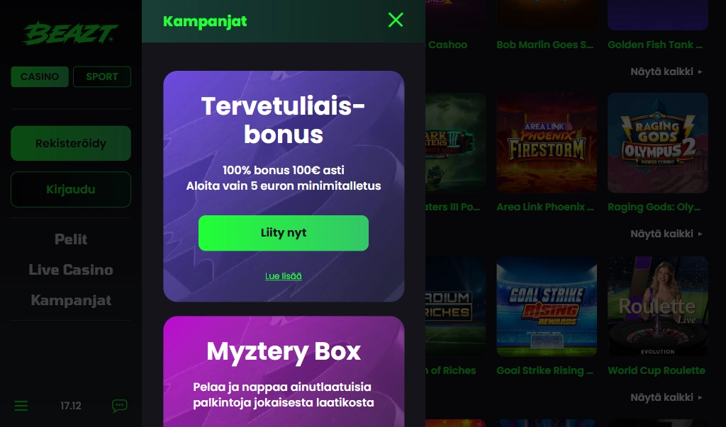 Kuvassa näkyy Beazt Casinon kampanjasivu ja 100 prosentin tervetuliaisbonus 100 euroon asti sekä 5 euron minimitalletus.