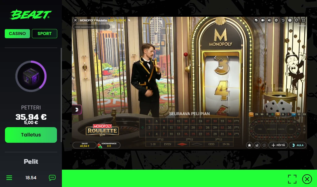 Kuvassa näkyy Beazt Casinon Monopoly Roulette -livekasinopeli käynnissä tietokoneella.