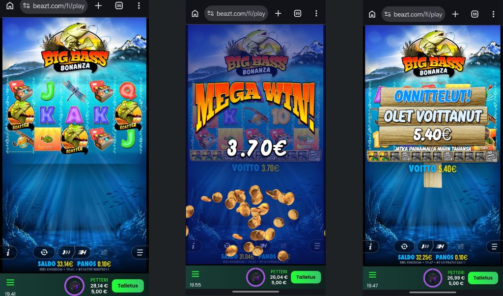 Kuvassa näkyy Big Bass Bonanza -kolikkopeli Beazt Casinolla mobiililaitteella testipelauksen aikana.