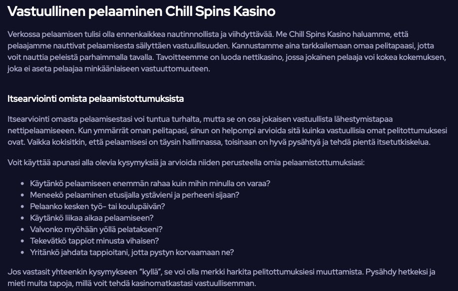 Kuvakaappaus Chill Spins kasinon vastuullisen pelaamisen osiosta jossa kerrotaan miten mahdollisesti haitallista pelaamista voi hallita.