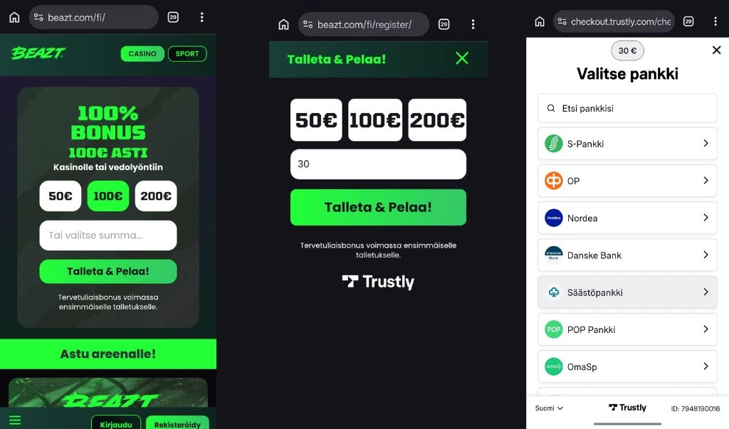 Kuvassa näkyy Beazt Casinon mobiilitalletus, 100 prosentin bonus ja Trustlyn pankkivalinta. Beazt Casino kotiutus talletukset ja maksutavat Rahapelisanomat.
