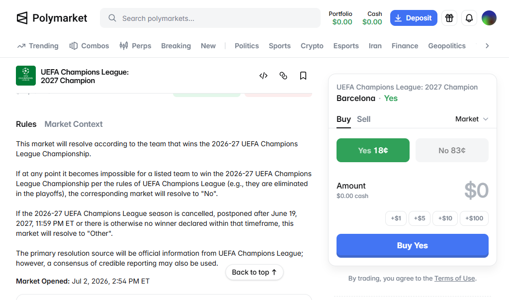 Polymarket rules osio. Tekstissä kerrottu UEFA Champions League voittajan yksityiskohtaisesti markkinasäännöt. 