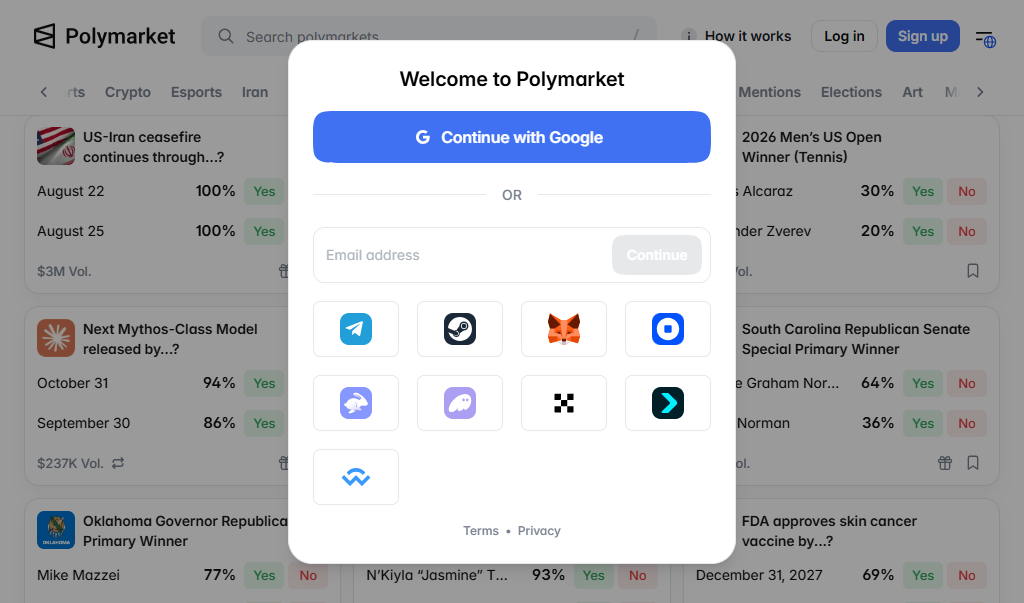 Näkymä miten kirjautua Polymarketille MetaMask palvelun avulla. 