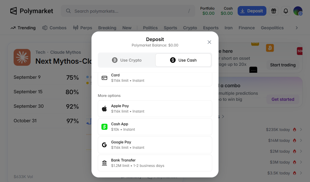 Kuvassa talletusnäkymä. Voit tallettaa Polymarketille korttimaksulla, Apple Paylla, Cash Appilla, Google Paylla ja pankkisiirroolla. 