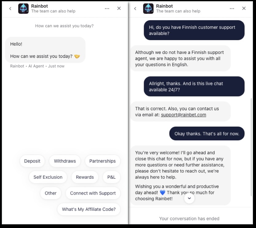 Keskustelua Rainbet asiakaspalvelun kanssa. Keskustelu alkoi AI agentin kanssa mutta pian linjoille saapui Karen.