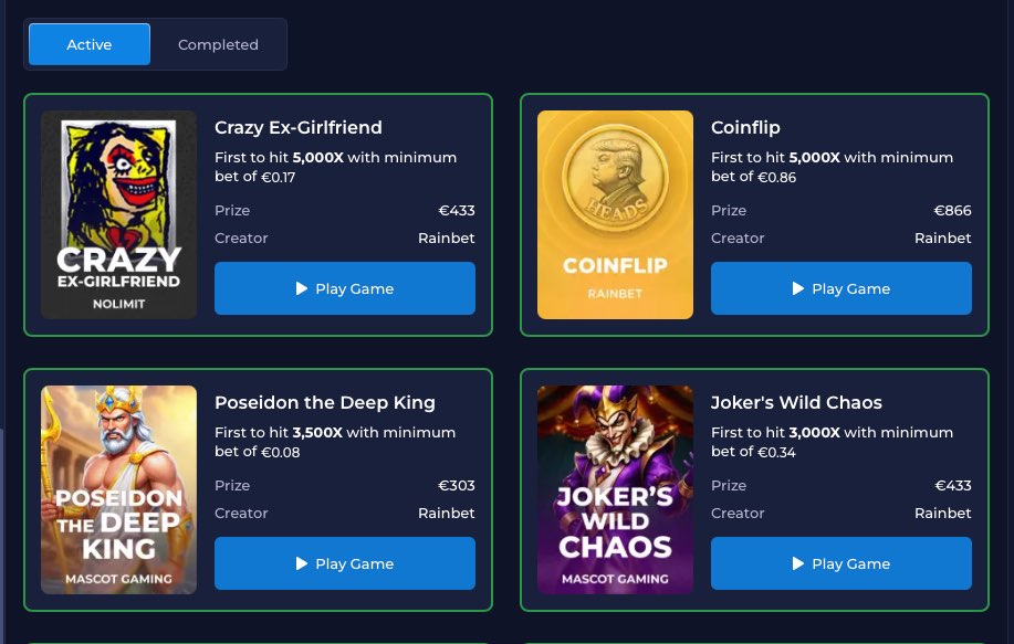 Rainbet casinon palkintohaasteet. Kuvassa haasteet peleille Crazy Ex-Girlfriend, Coinflip, Poseidon the Deep King and Joker´s Wild Chaos.