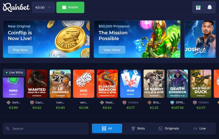 Rainbet kasinon etusivu.