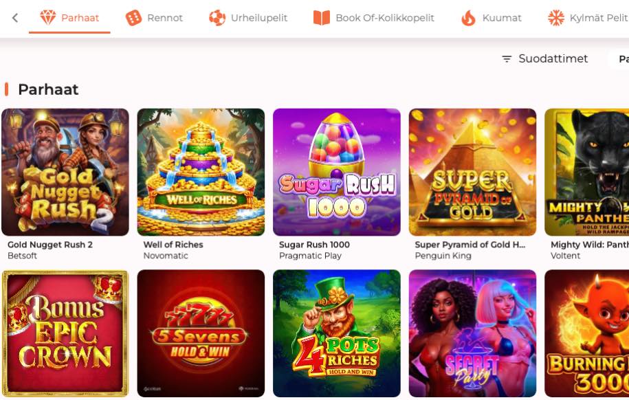 Spininio pelivalikoimaa. Kuvassa muun muassa Gold Nugget Rush 2, Well or Riches, ja Suger Rush 1000 pelit. 