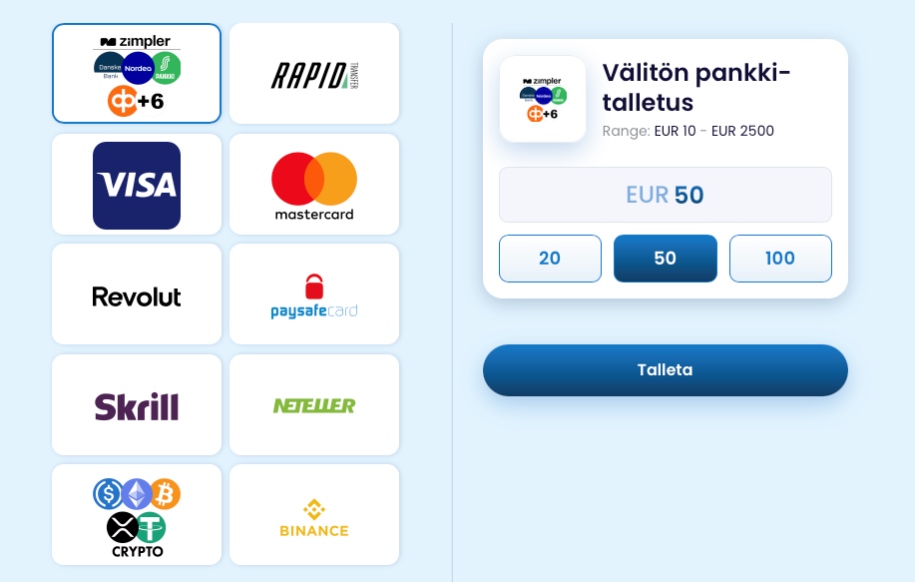 Kuvat asiakkaan talletusprosessista Spininio kasinolla. 