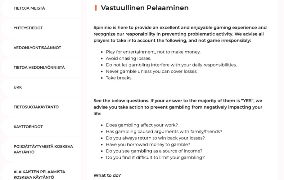 Kuvakaappaus Spininio kasinon vastuullisen pelaamisen osiosta joka jättää parantamisen varaa. 