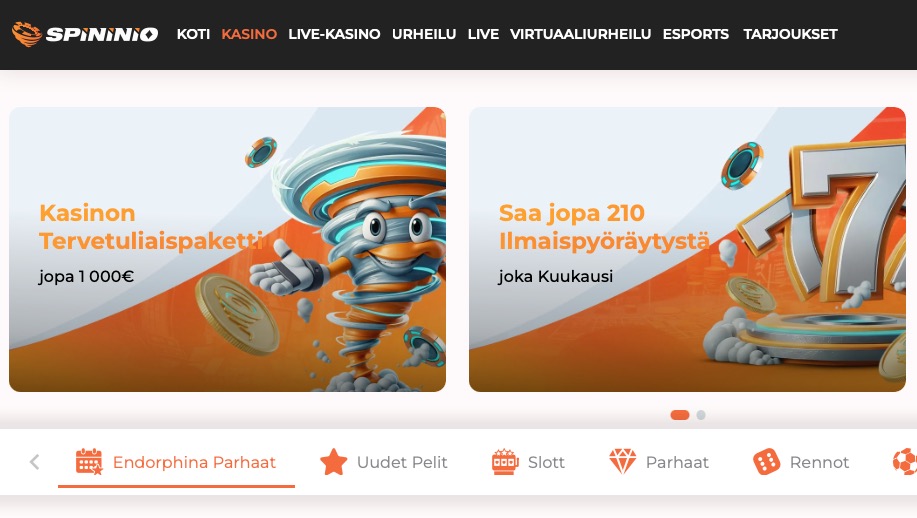 Spinio kasinon etusivu. Kuvassa pikakirjautumisen valikko ja "talleta ja pelaa" nappi. 