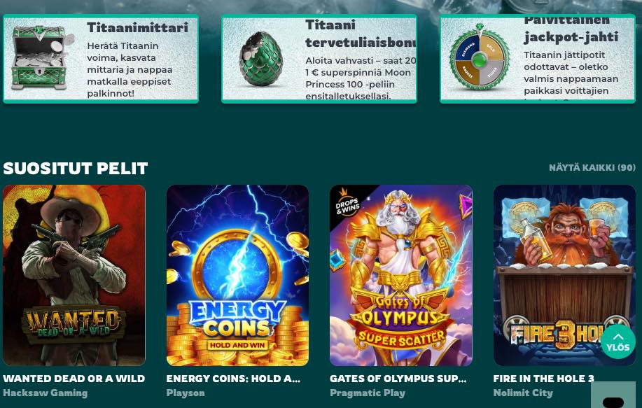 Titaani kasinon aula. Kuvassa Titaamittari, Titaani tervetuliasbonuse, jackpot-jahti promootio sekä suositut pelit kategoria.