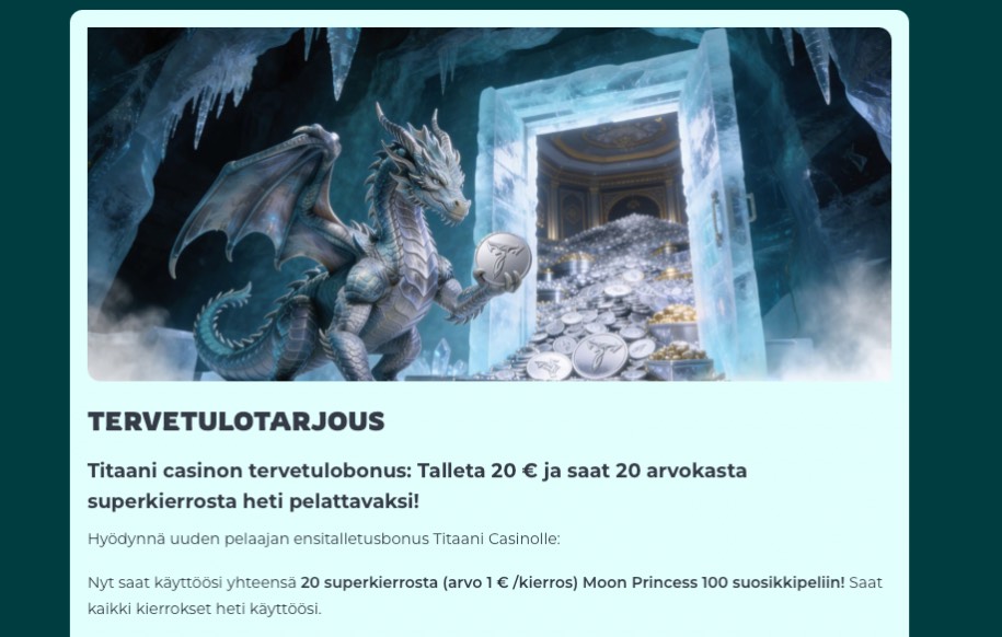 Titaani tervetulotarjous kuvitus. Talleta 20€ ja saat 20 arvokasta superkierrosta.