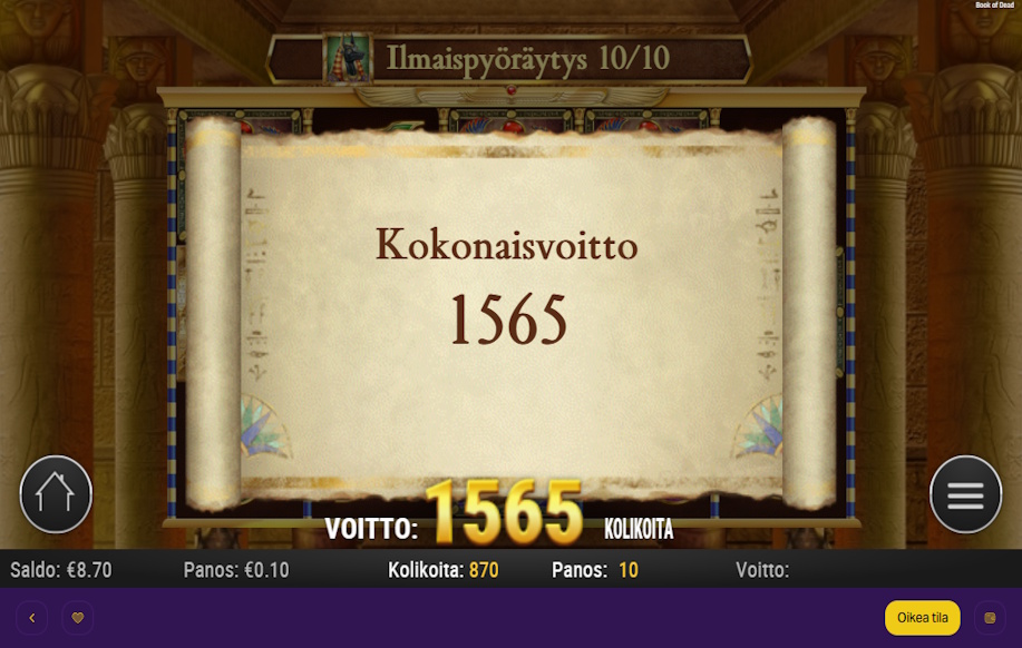 Book of dead pelistä tuplaa kasinolla tullut 1565 kolikon voitto.