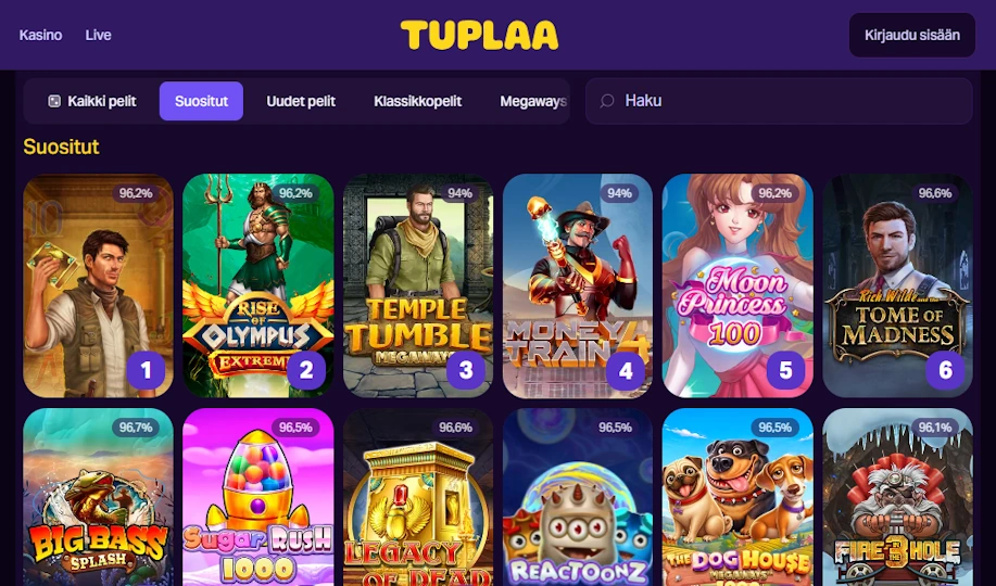 Tuplaa kasino etusivu missä näkyy muun muassa suosituimmat pelit.