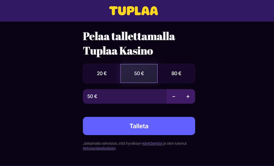Tuplaa kasino talletus näkymä, kuvassa summat 20€, 50€ ja 80€ jotka voi tallettaa pikana.
