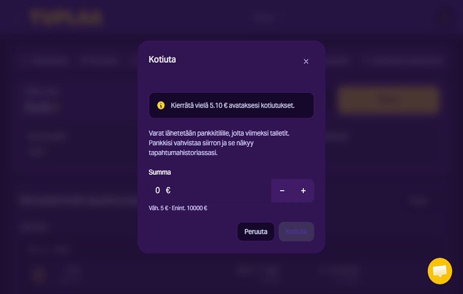 Kotiutus Tuplaa kasinolla. Infossa kerrotaan että ennen kotiutusta on suoritettava talletuksen kierrätys.