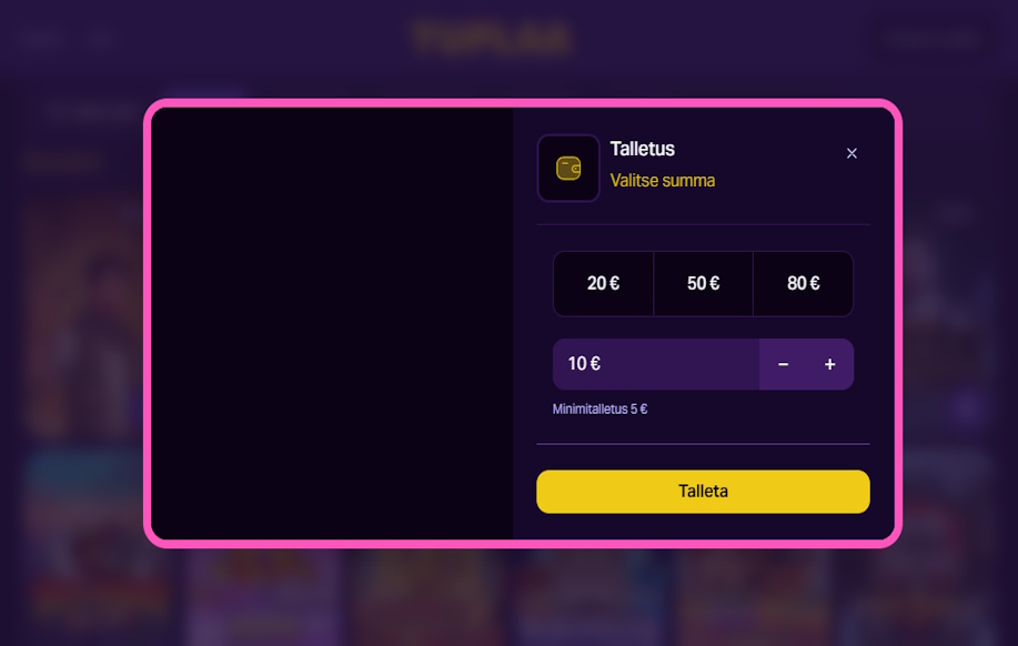 Talletus näkymä Tuplaa kasinolla. Kuvassa näkyy että minimitalletussumma on 5€.